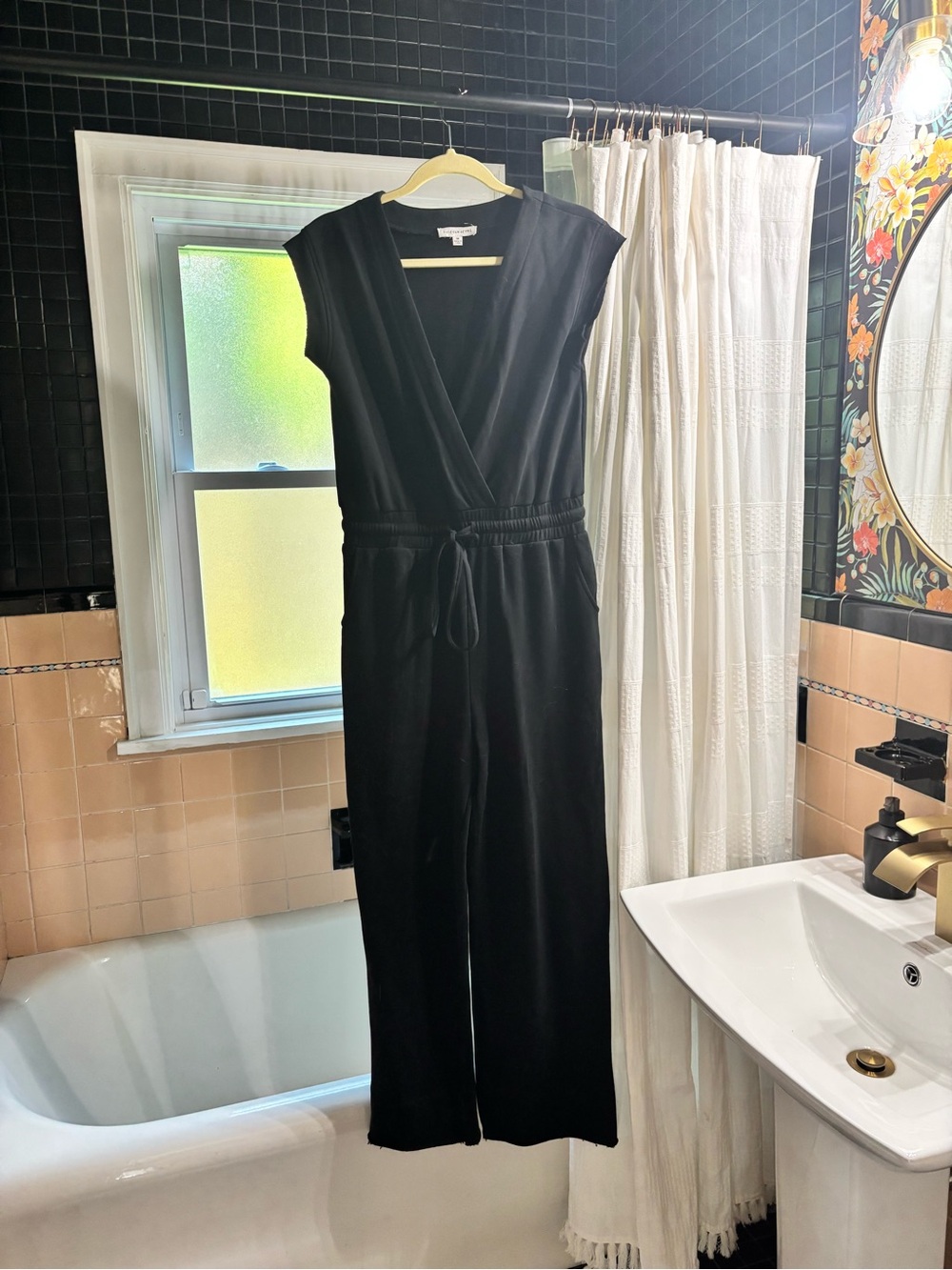 Dance & Marvel Black Cap-Sleeve V-Neck Drawstring Jumpsuit